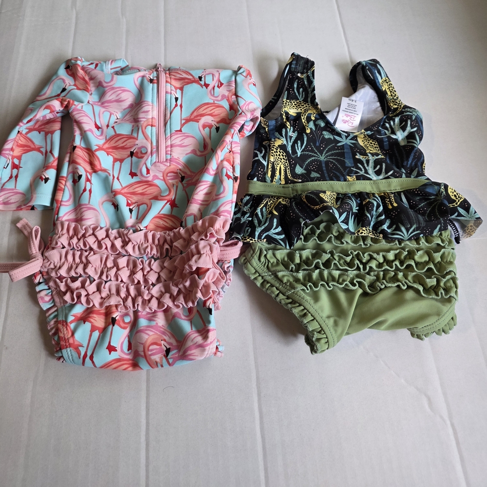 RuffleButts Flamingo and Jungle Print Baby Swimsuits 3-6m